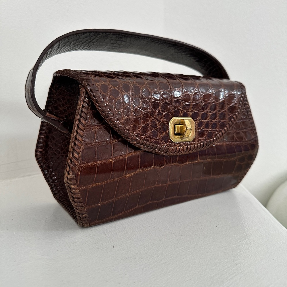 Vintage 🤎 Croc-Embossed Brown Leather Top-Handle Bag - Picture 2 of 10